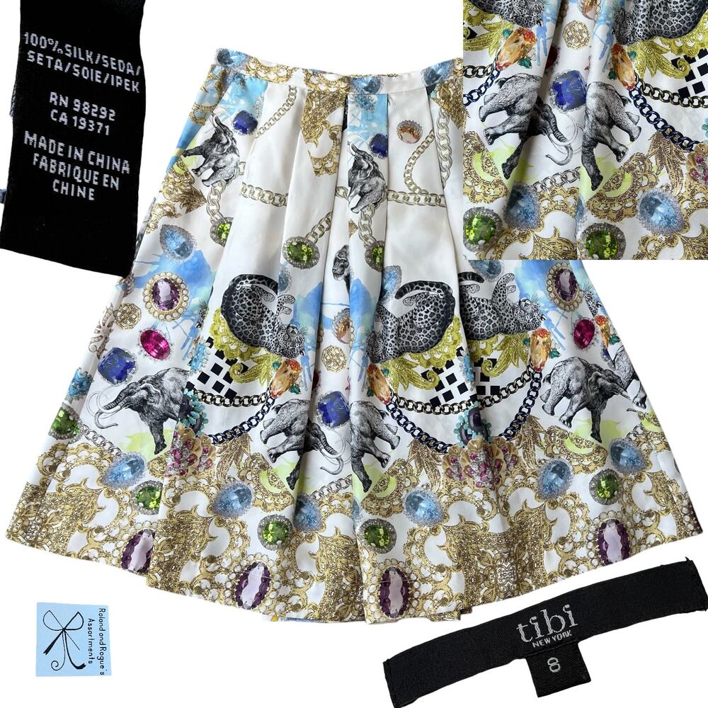Tibi 100% Silk Wild Animal Chains Gems Pleated Skirt Sz 8